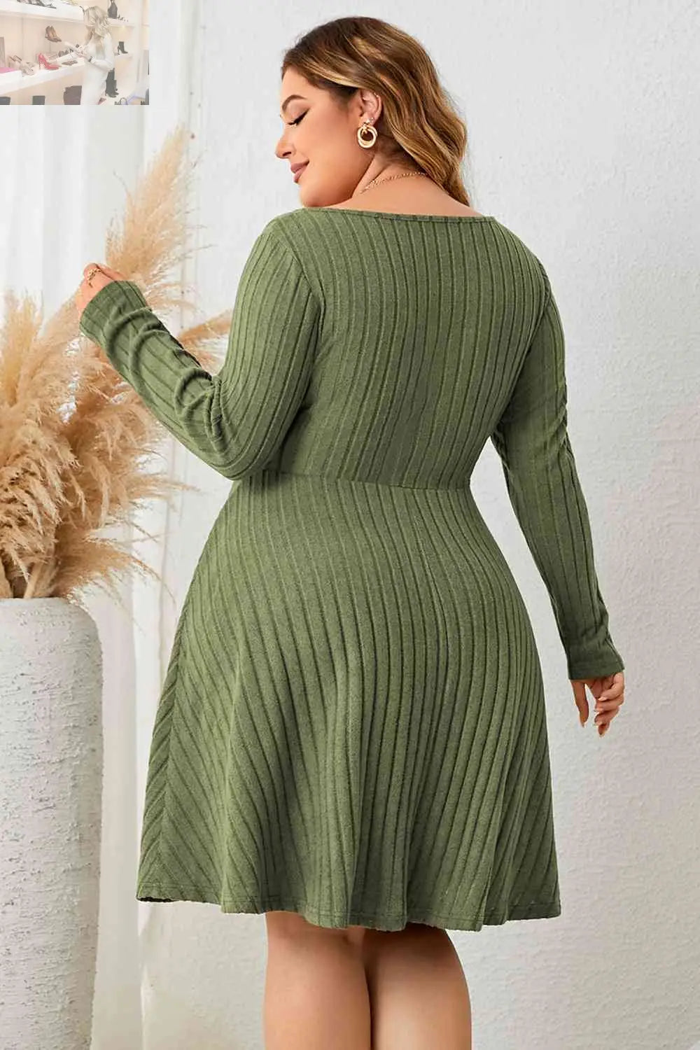 Plus Size Sweetheart Neck Long Sleeve Ribbed Dress - MegaSuperStar