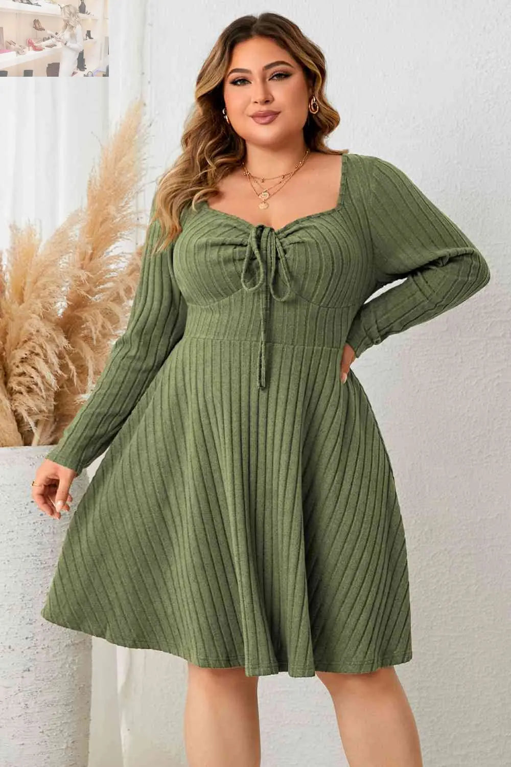 Plus Size Sweetheart Neck Long Sleeve Ribbed Dress - MegaSuperStar