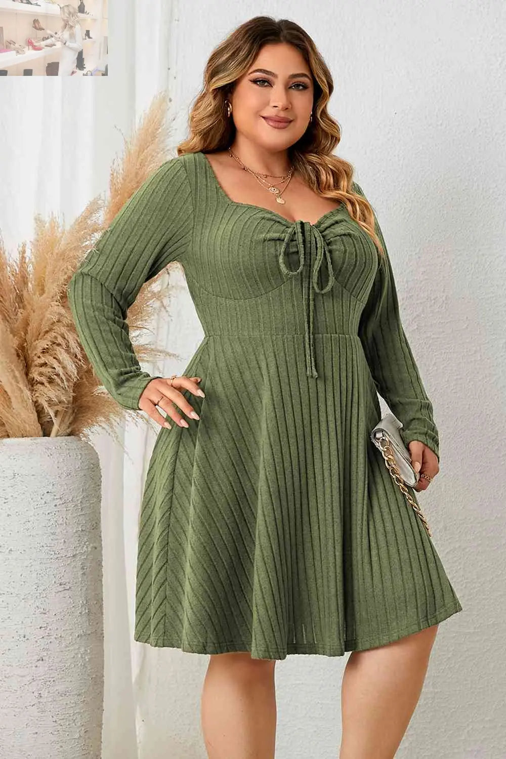 Plus Size Sweetheart Neck Long Sleeve Ribbed Dress - MegaSuperStar