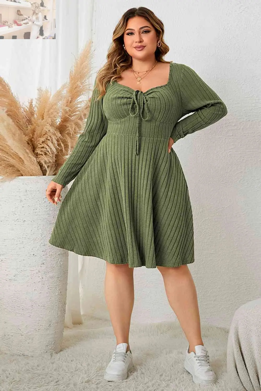 Plus Size Sweetheart Neck Long Sleeve Ribbed Dress - MegaSuperStar