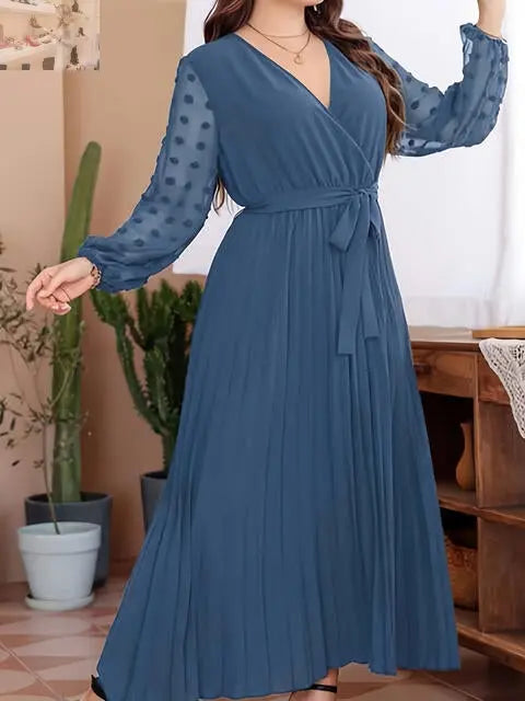 Plus Size Swiss Dot Tie Waist Maxi Dress - MegaSuperStar