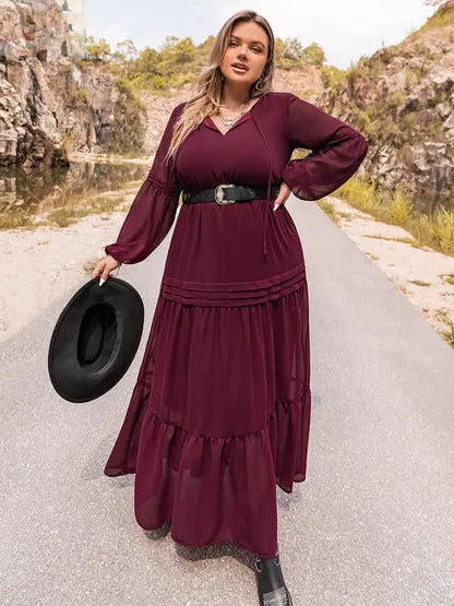 Plus Size Tie Neck Ballon Sleeve Tiered Dress - MegaSuperStar