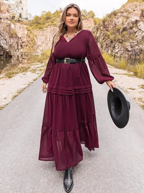 Plus Size Tie Neck Ballon Sleeve Tiered Dress - MegaSuperStar