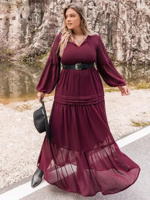 Plus Size Tie Neck Ballon Sleeve Tiered Dress - MegaSuperStar