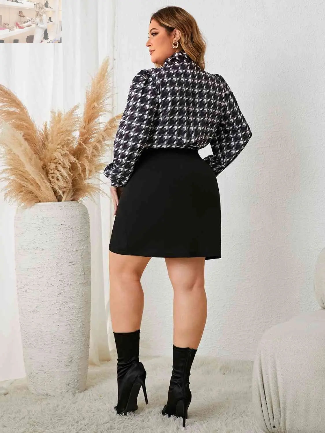 Plus Size Tie Neck Long Sleeve Mini Dress - MegaSuperStar