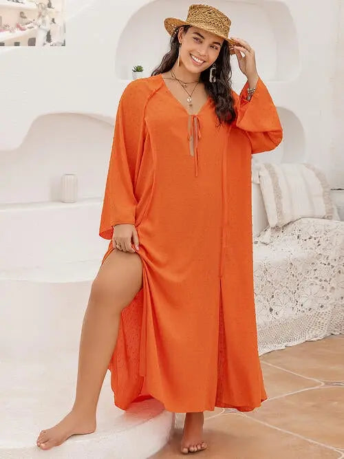 Plus Size Tie Neck Long Sleeve Slit Dress - MegaSuperStar