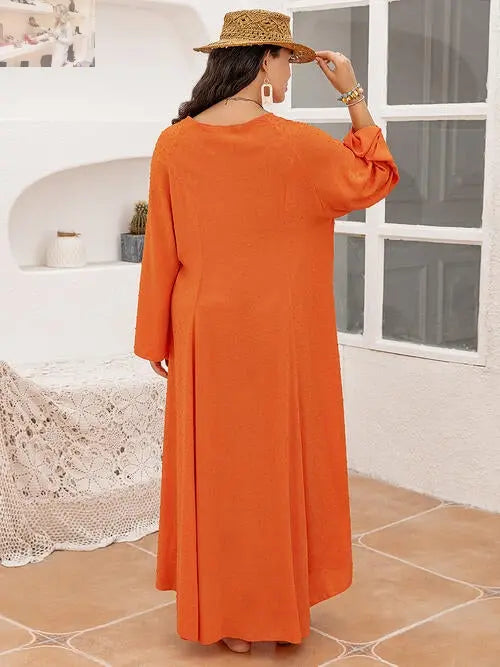 Plus Size Tie Neck Long Sleeve Slit Dress - MegaSuperStar