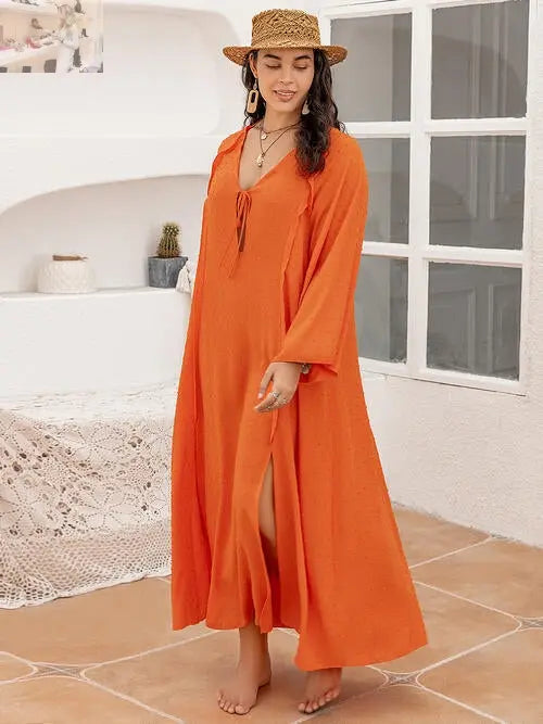 Plus Size Tie Neck Long Sleeve Slit Dress - MegaSuperStar