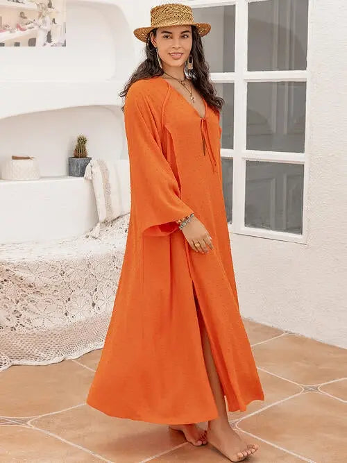 Plus Size Tie Neck Long Sleeve Slit Dress - MegaSuperStar