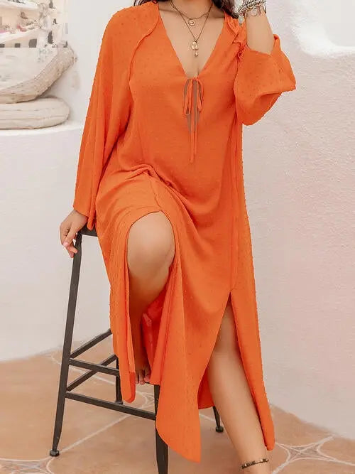 Plus Size Tie Neck Long Sleeve Slit Dress - MegaSuperStar