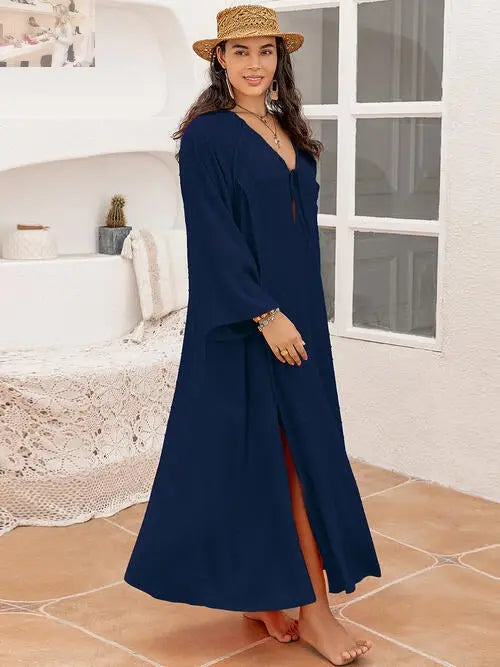 Plus Size Tie Neck Long Sleeve Slit Dress - MegaSuperStar