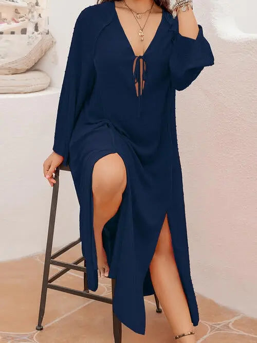 Plus Size Tie Neck Long Sleeve Slit Dress - MegaSuperStar