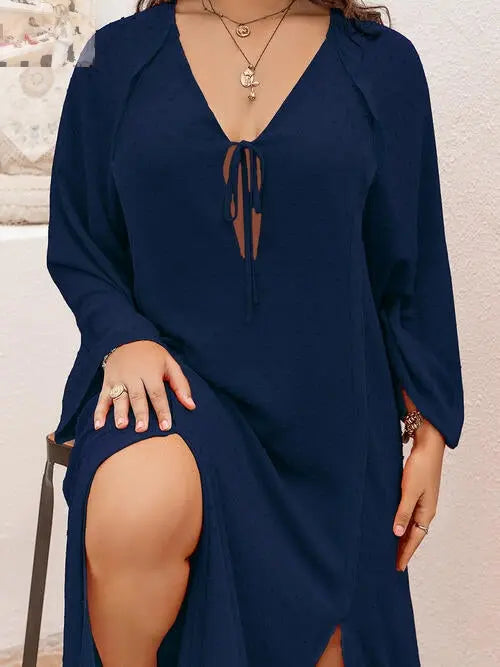 Plus Size Tie Neck Long Sleeve Slit Dress - MegaSuperStar