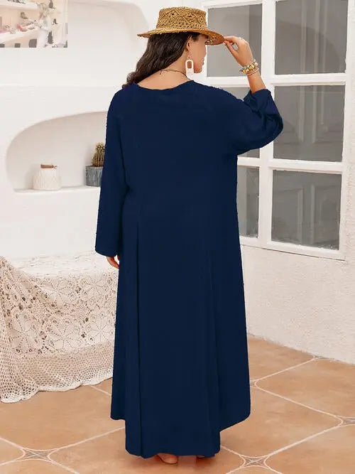 Plus Size Tie Neck Long Sleeve Slit Dress - MegaSuperStar