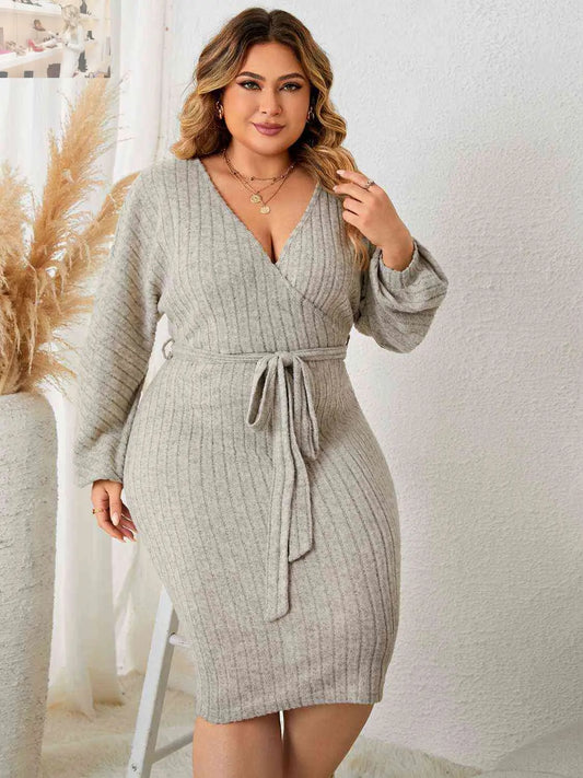 Plus Size Tie Waist Wrap Dress - MegaSuperStar