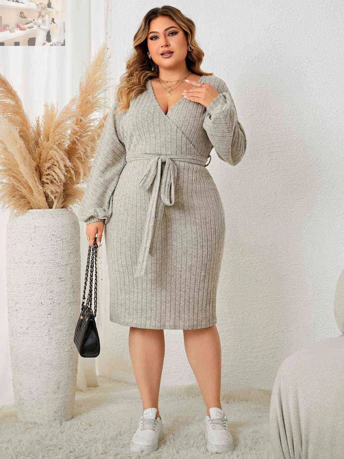 Plus Size Tie Waist Wrap Dress - MegaSuperStar