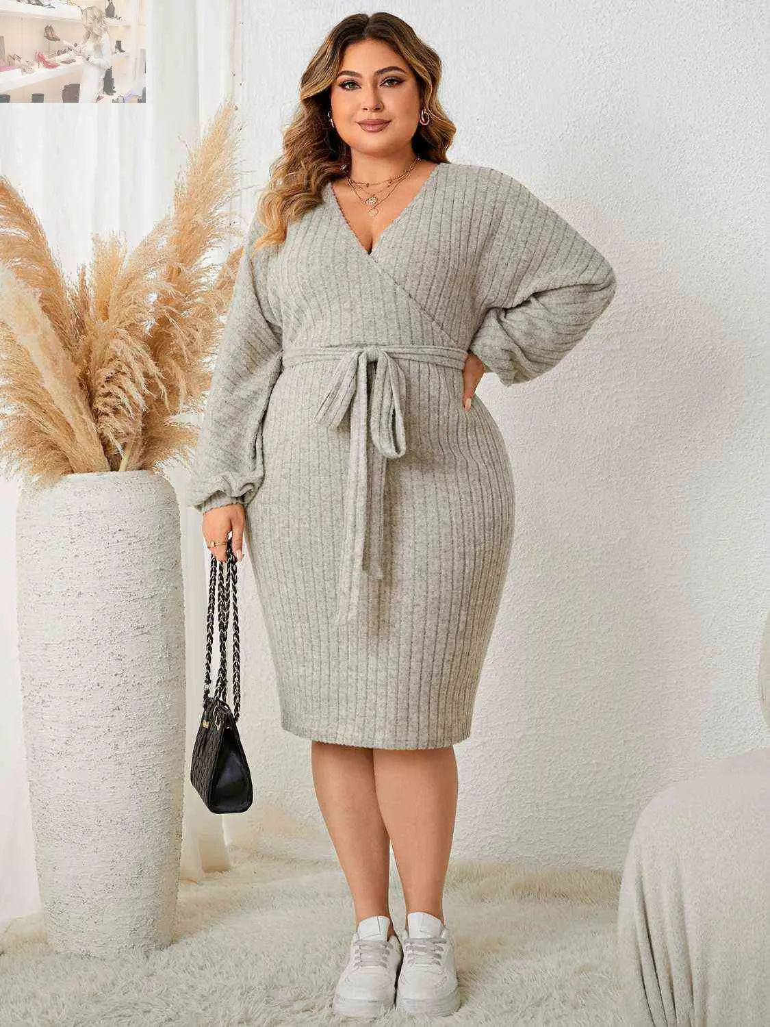 Plus Size Tie Waist Wrap Dress - MegaSuperStar