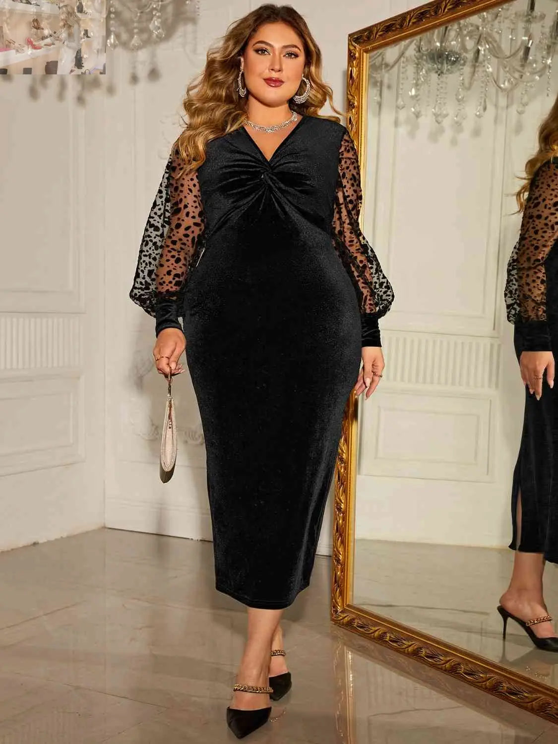 Plus Size Twist Front Lantern Sleeve Slit Dress - MegaSuperStar