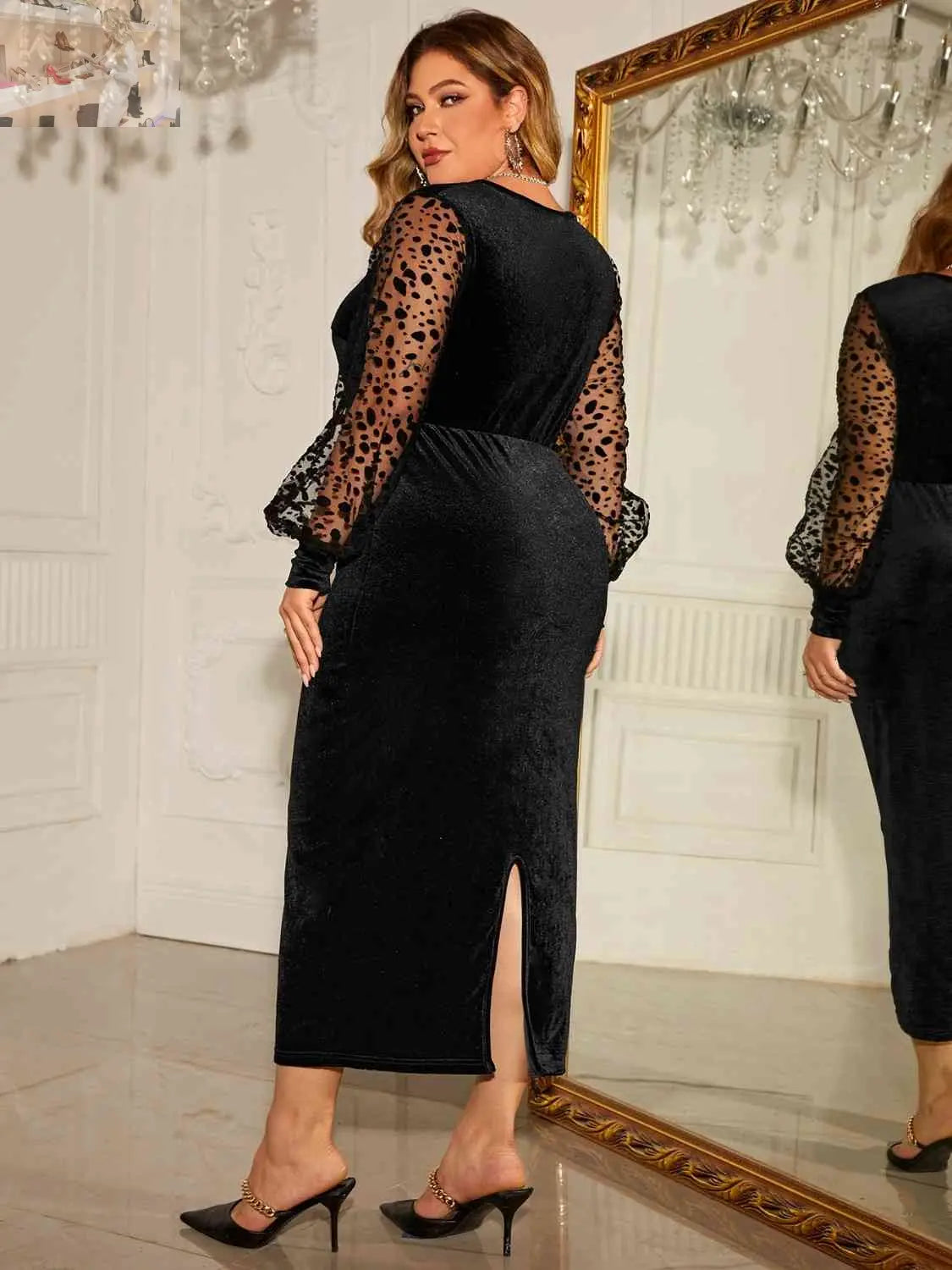 Plus Size Twist Front Lantern Sleeve Slit Dress - MegaSuperStar