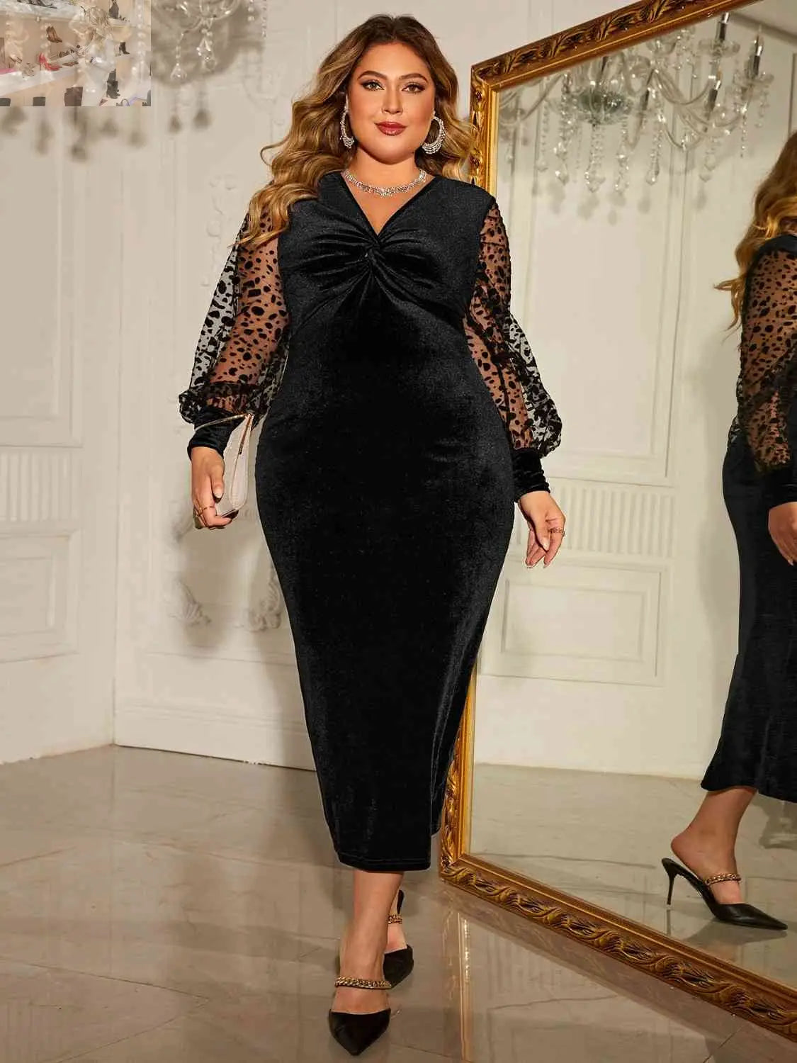 Plus Size Twist Front Lantern Sleeve Slit Dress - MegaSuperStar