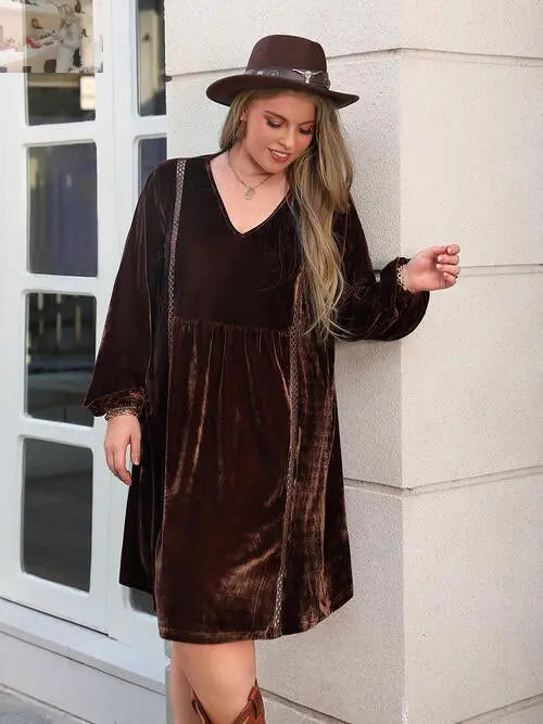 Plus Size V-Neck Balloon Sleeves Dress - MegaSuperStar