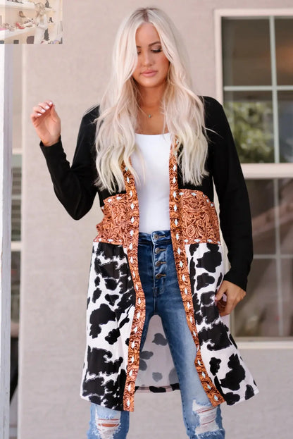 Printed Color Block Open Front Cardigan - MegaSuperStar