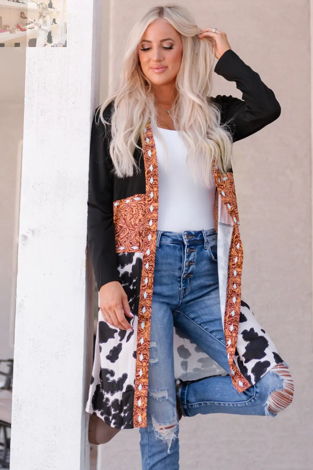 Printed Color Block Open Front Cardigan - MegaSuperStar