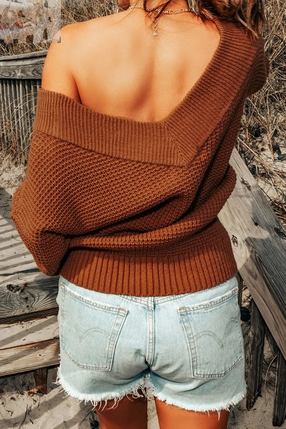 Rib-Knit Drop Shoulder V-Neck Sweater - MegaSuperStar