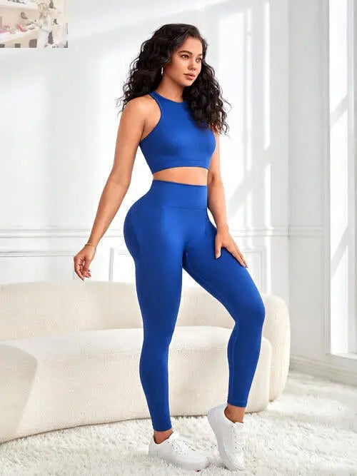 Round Neck Sport Tank and Leggings Set - MegaSuperStar