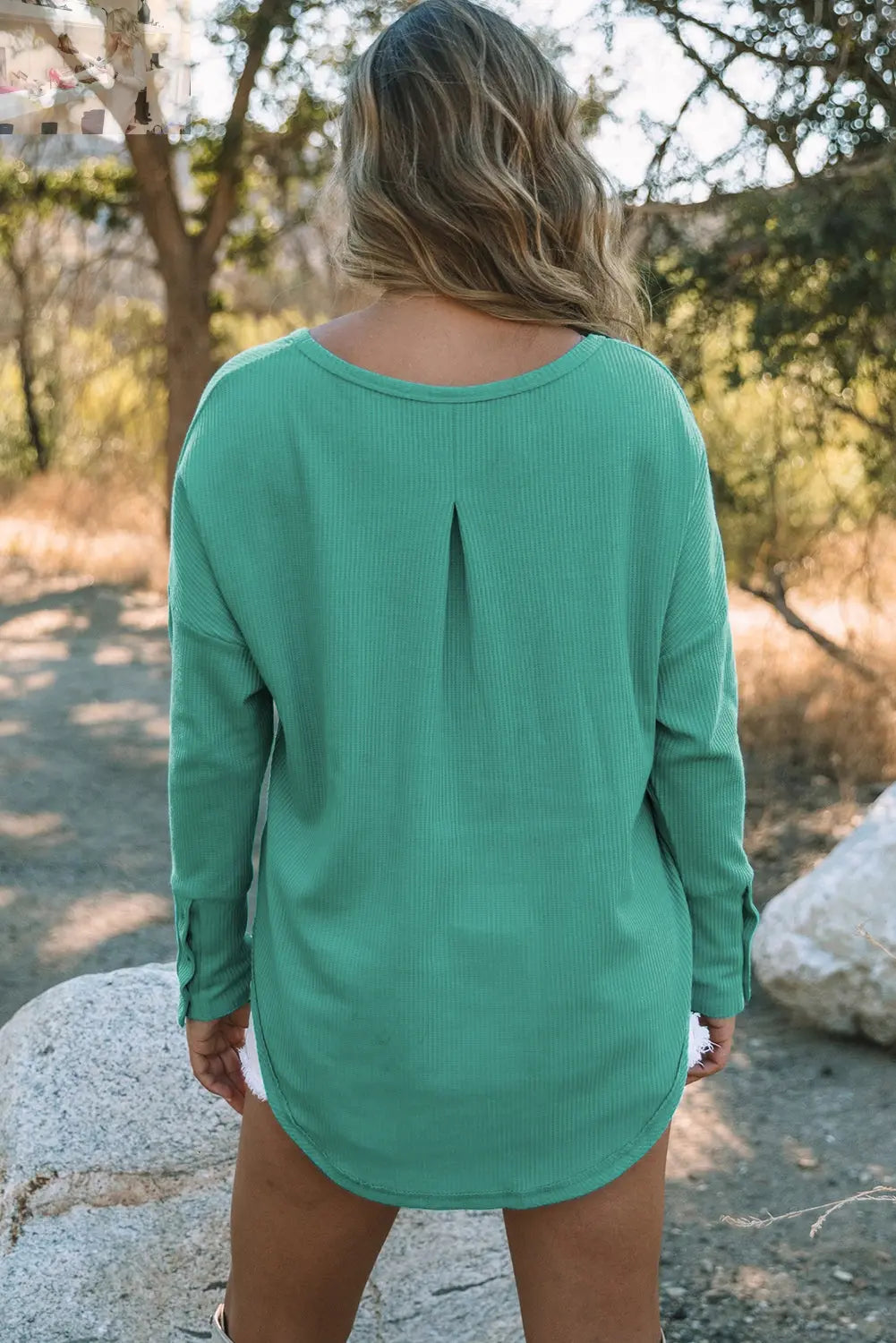 Seam Detail Curved Hem Long Sleeve Top - MegaSuperStar