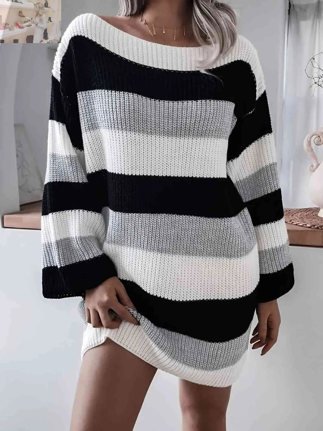 Striped Long Sleeve Mini Sweater Dress - MegaSuperStar