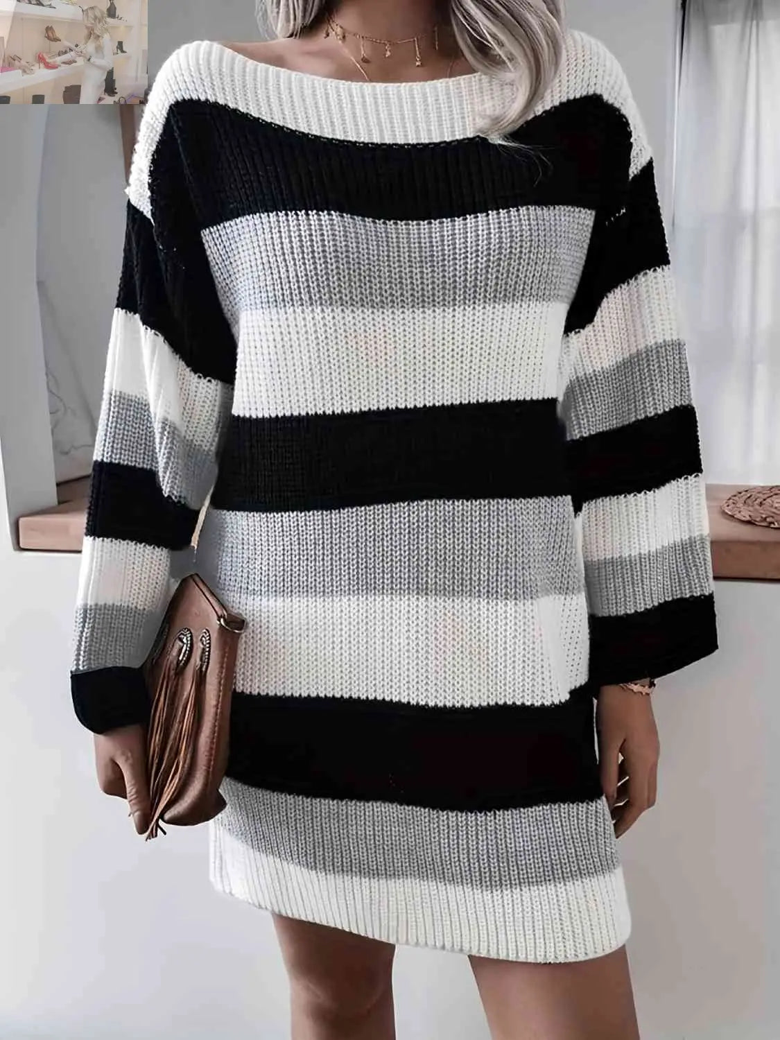 Striped Long Sleeve Mini Sweater Dress - MegaSuperStar