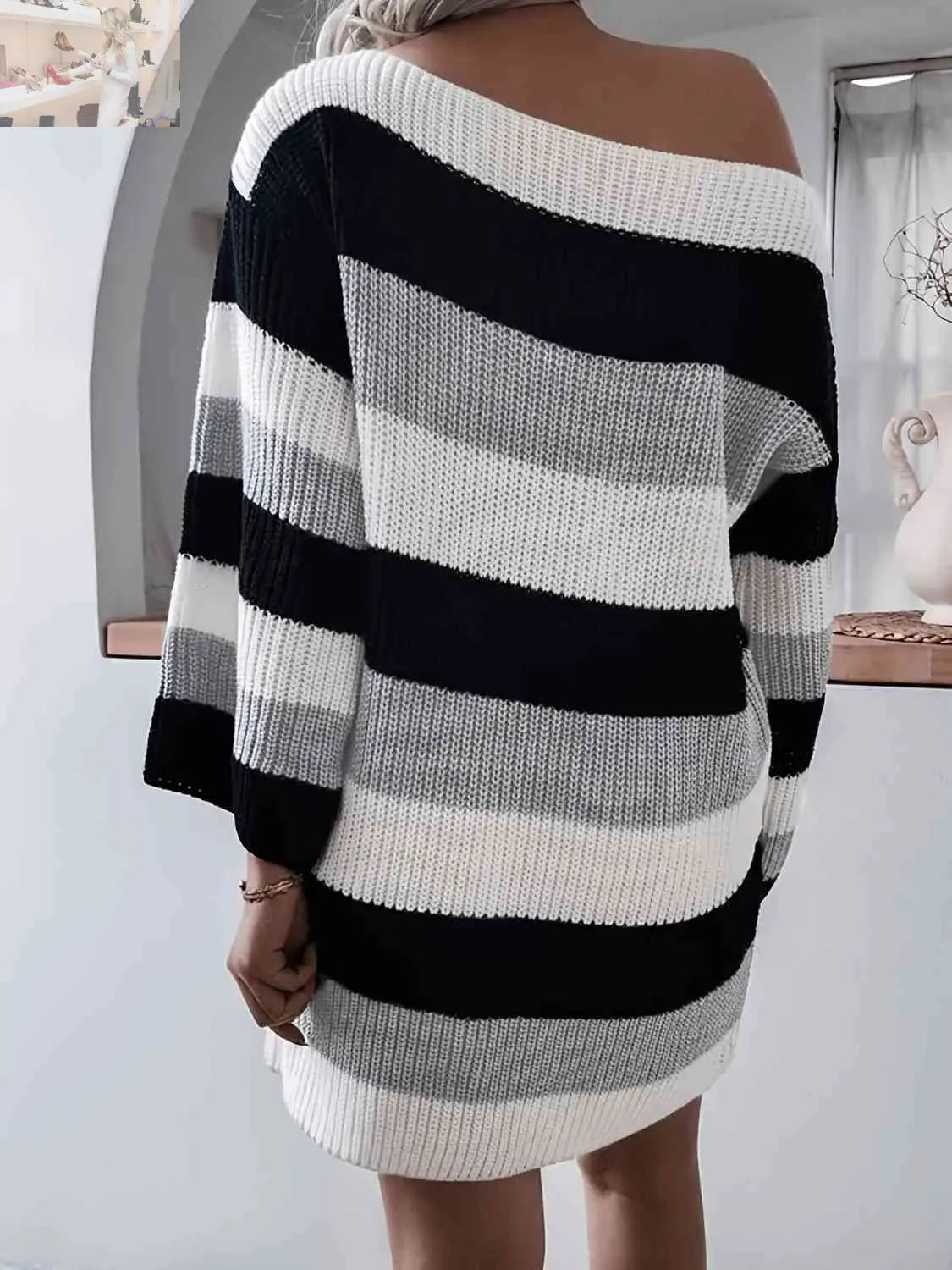 Striped Long Sleeve Mini Sweater Dress - MegaSuperStar