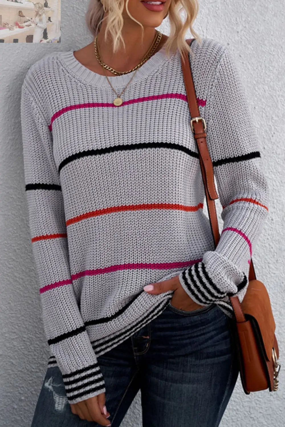 Striped Ribbed Round Neck Long Sleeve Sweater - MegaSuperStar