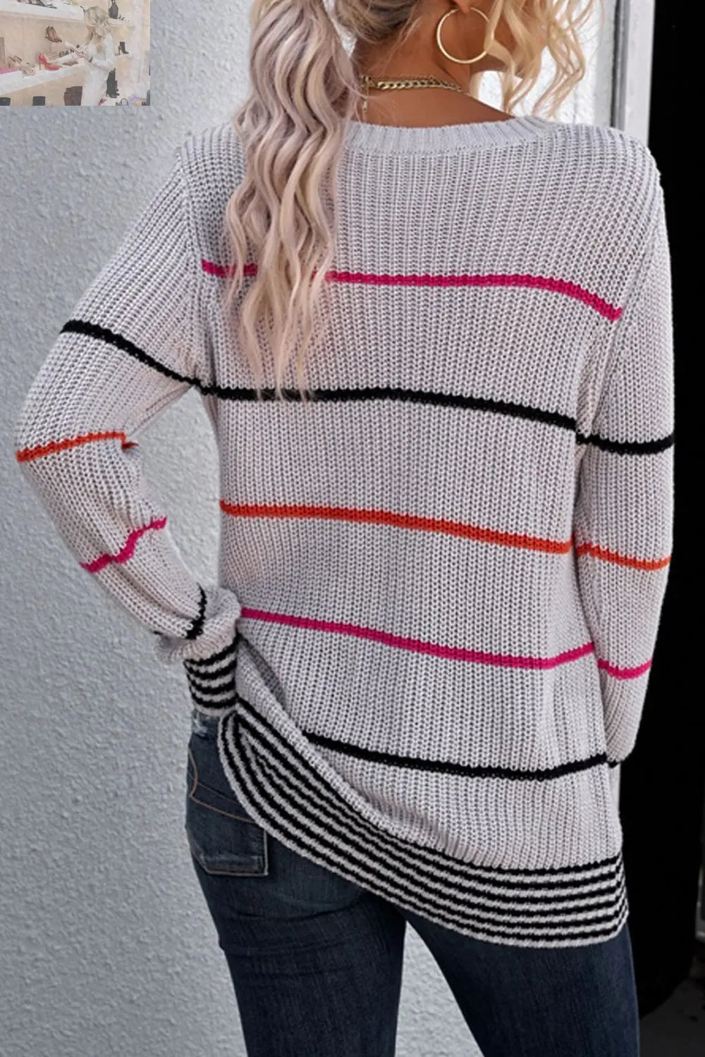 Striped Ribbed Round Neck Long Sleeve Sweater - MegaSuperStar