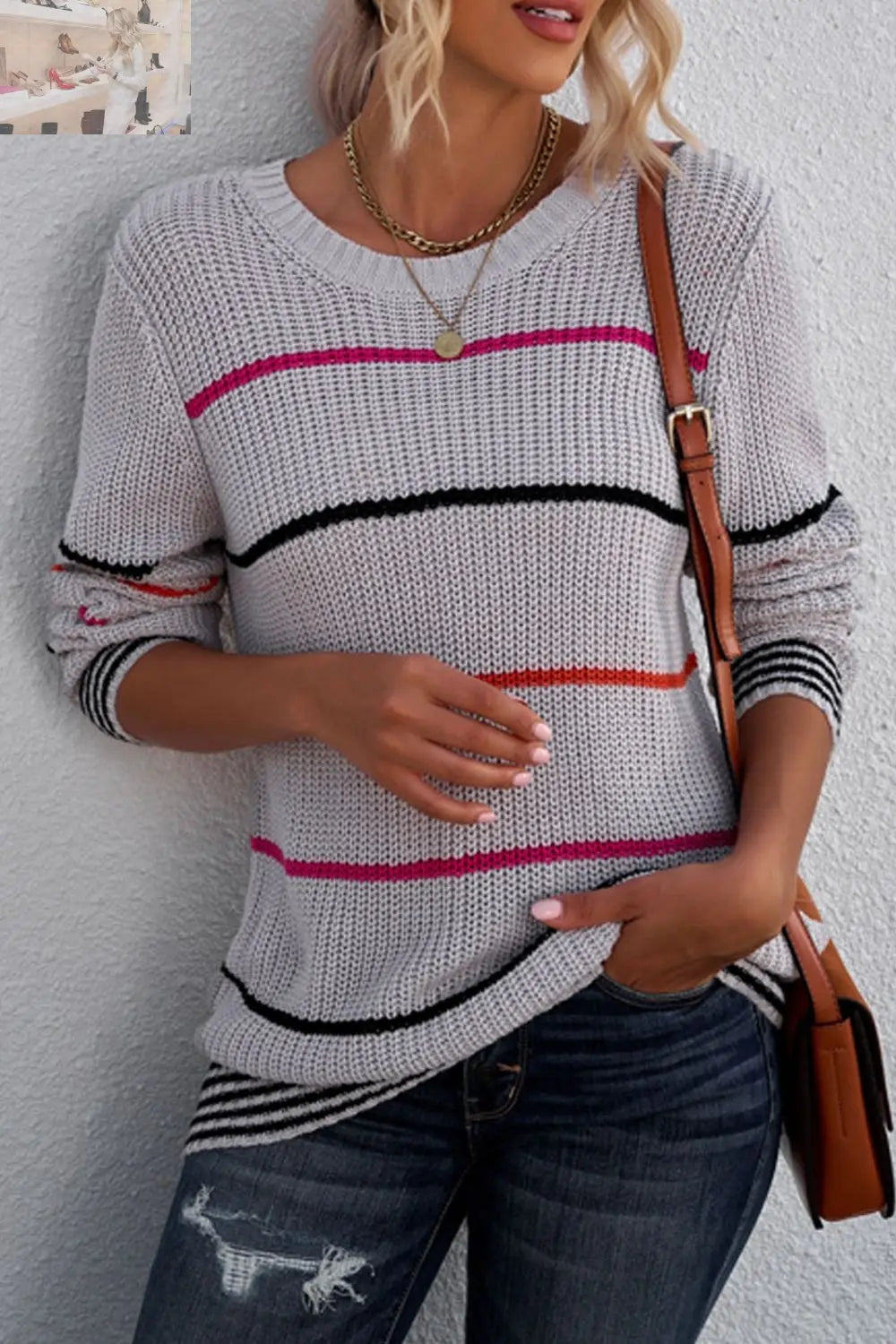 Striped Ribbed Round Neck Long Sleeve Sweater - MegaSuperStar