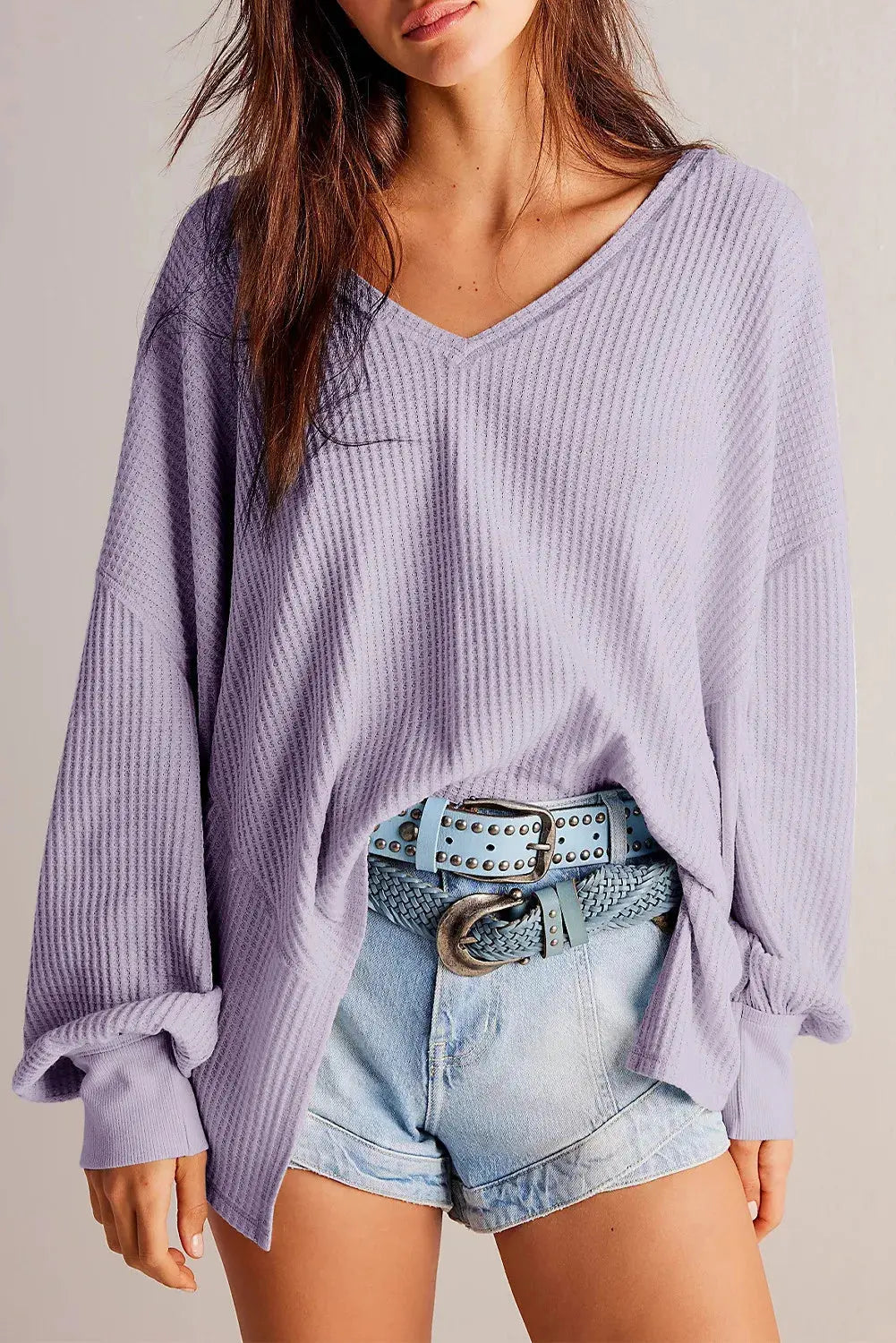 Waffle-Knit V-Neck Long Sleeve Top 