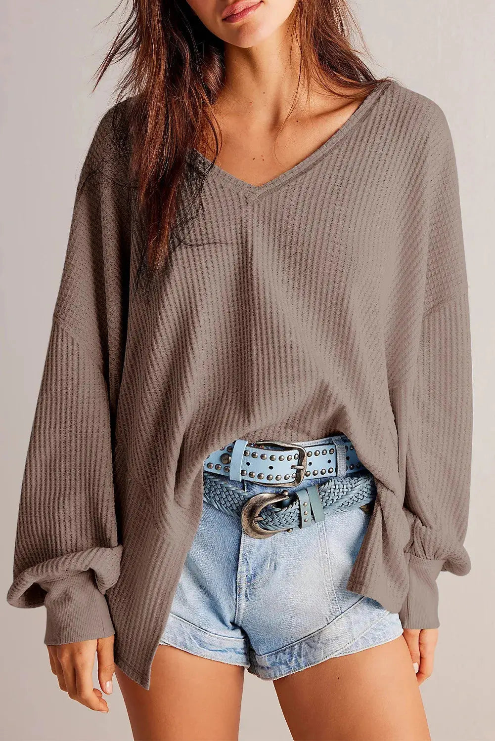 Waffle-Knit V-Neck Long Sleeve Top 