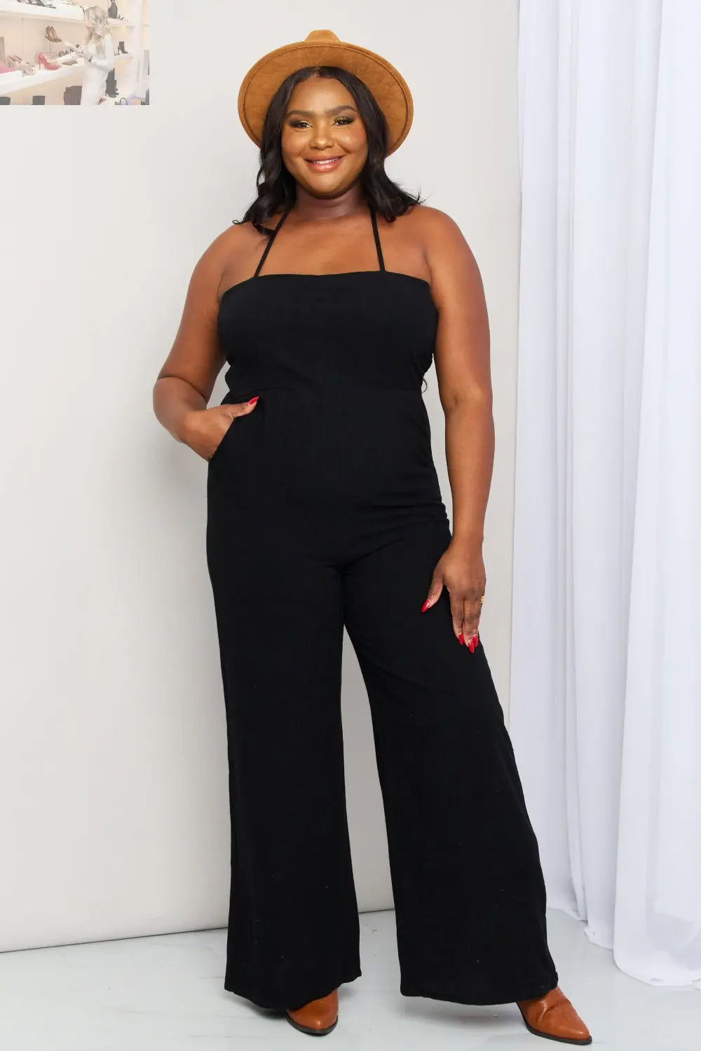 White Birch Full Size Halter Neck Wide Leg Jumpsuit with Pockets - MegaSuperStar