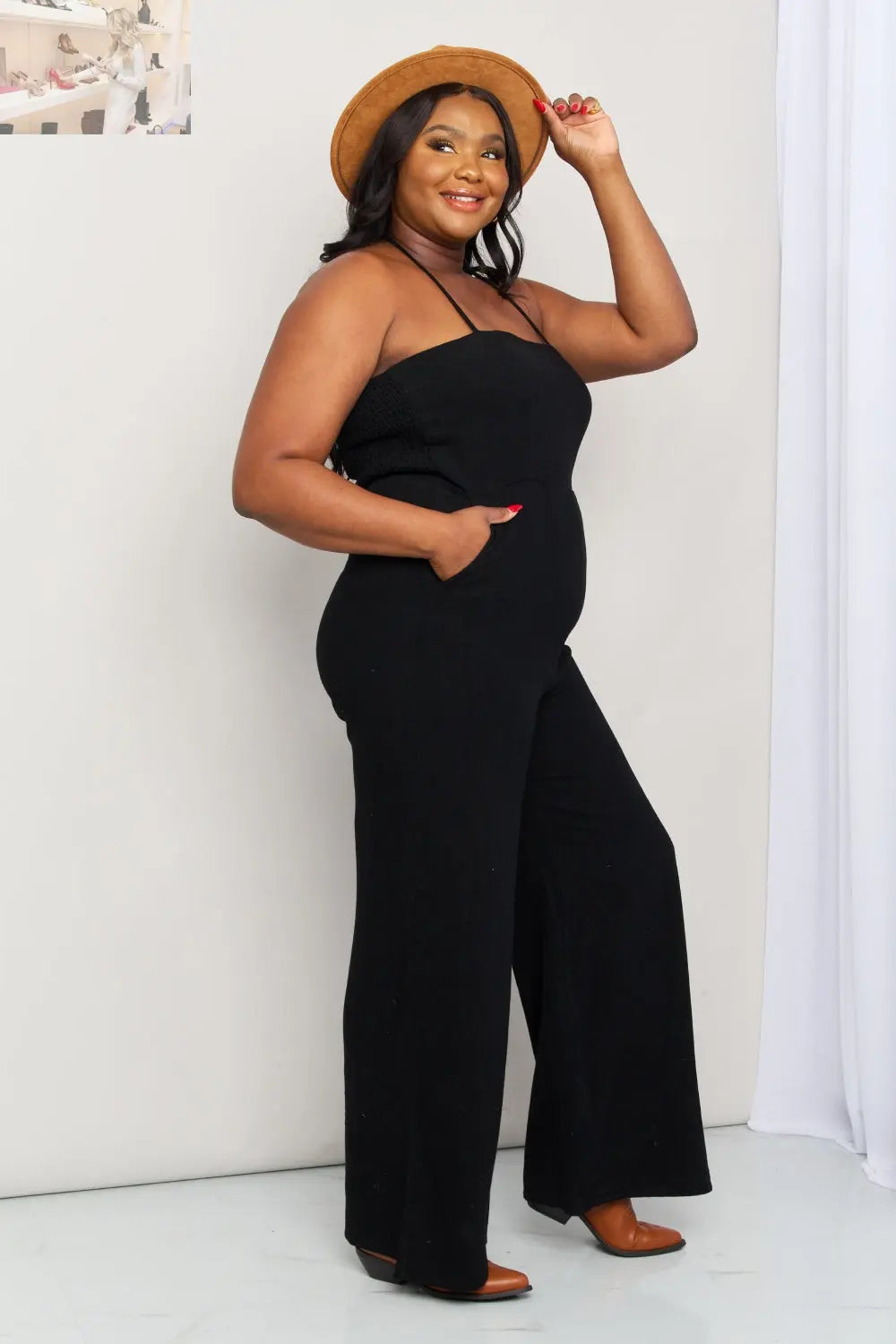 White Birch Full Size Halter Neck Wide Leg Jumpsuit with Pockets - MegaSuperStar