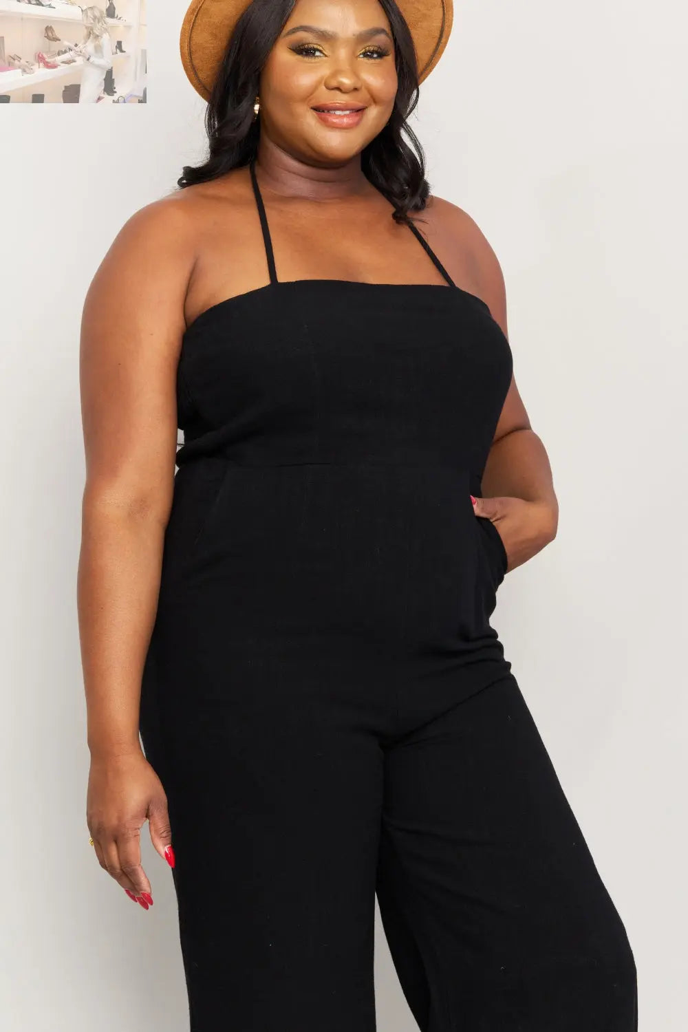 White Birch Full Size Halter Neck Wide Leg Jumpsuit with Pockets - MegaSuperStar