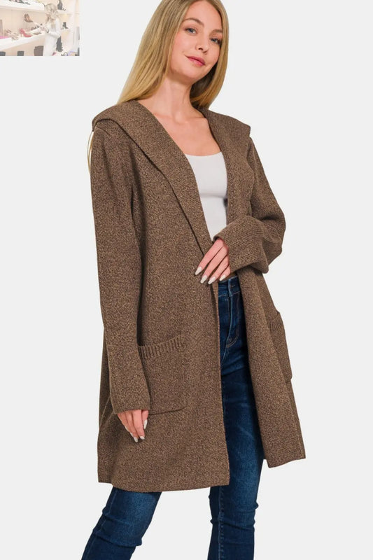 Zenana Hooded Open Front Sweater Cardigan