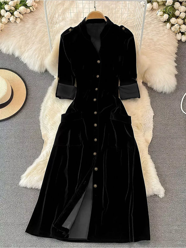 Velvet Button-Down Midi Dress