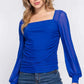 ACTIVE BASIC Square Neck Mesh Long Sleeve Top with Shirring - MegaSuperStar