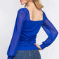 ACTIVE BASIC Square Neck Mesh Long Sleeve Top with Shirring - MegaSuperStar