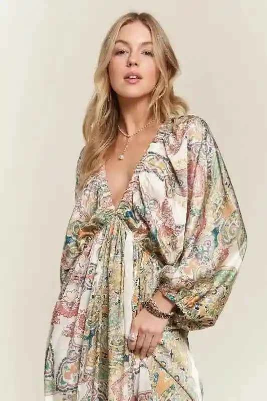 ADORA Batwing Sleeve Dress - Printed V - Neck Design for Effortless Style - MegaSuperStar