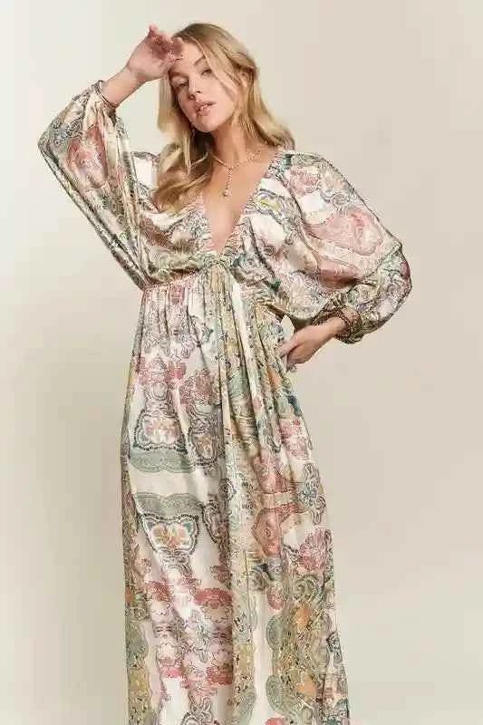 ADORA Batwing Sleeve Dress - Printed V - Neck Design for Effortless Style - MegaSuperStar