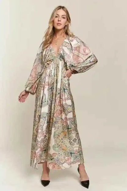 ADORA Batwing Sleeve Dress - Printed V - Neck Design for Effortless Style - MegaSuperStar