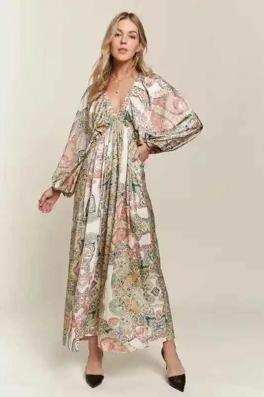 ADORA Batwing Sleeve Dress - Printed V - Neck Design for Effortless Style - MegaSuperStar