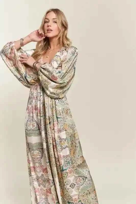 ADORA Batwing Sleeve Dress - Printed V - Neck Design for Effortless Style - MegaSuperStar